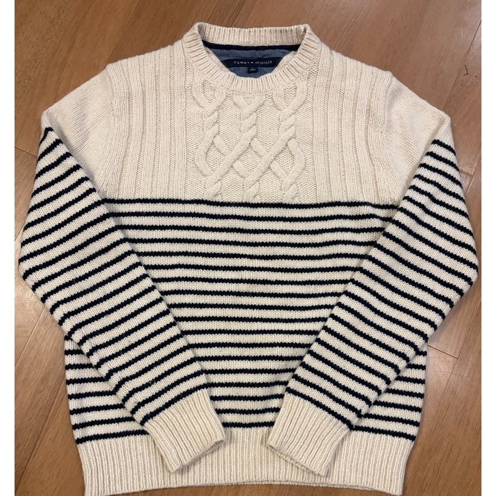 Tommy Hilfiger Mens M Lambs Wool Cream Navy Stripe Cable Knit Sweater Crewneck
